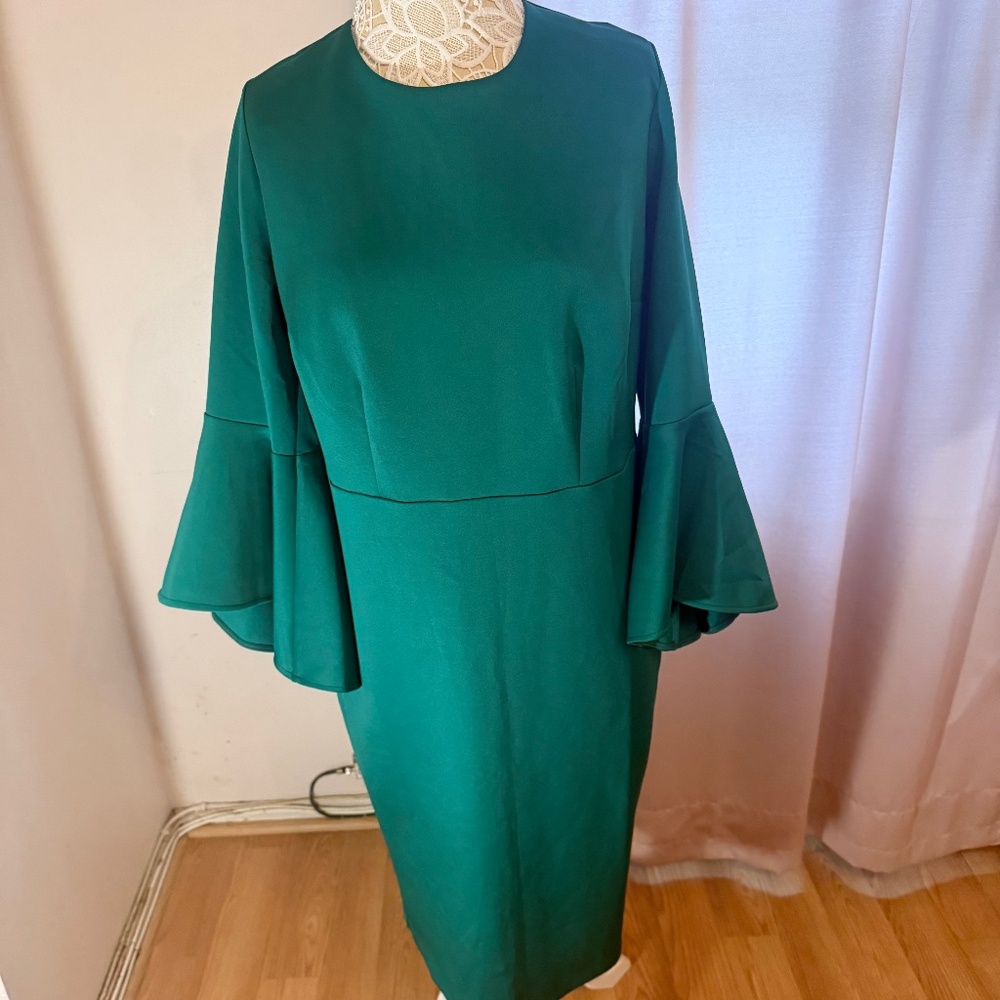 Emerald Green long ruffled sleeve sheath dress